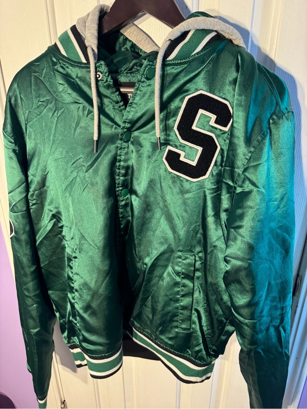 Green Satin Hooded Varsity Jacket with 'S' Patch